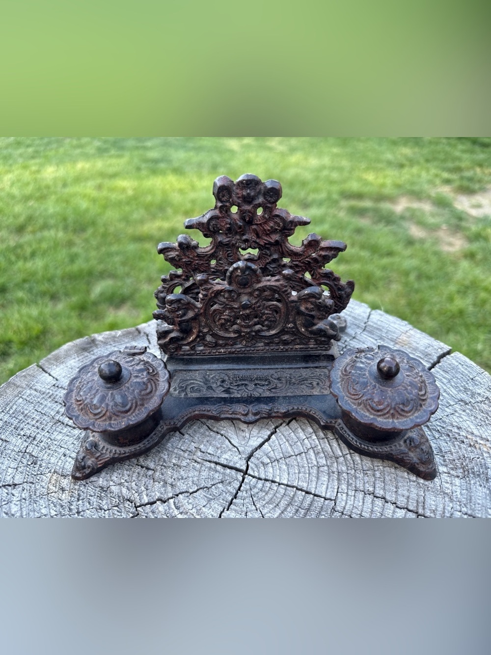 Ornate Antique-Style Cast Iron double Inkwell - Black rustic patinas.